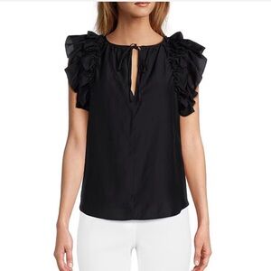 Antonio Melani Meadow Split V-Neck Short Puff Ruffle Sleeve Blouse